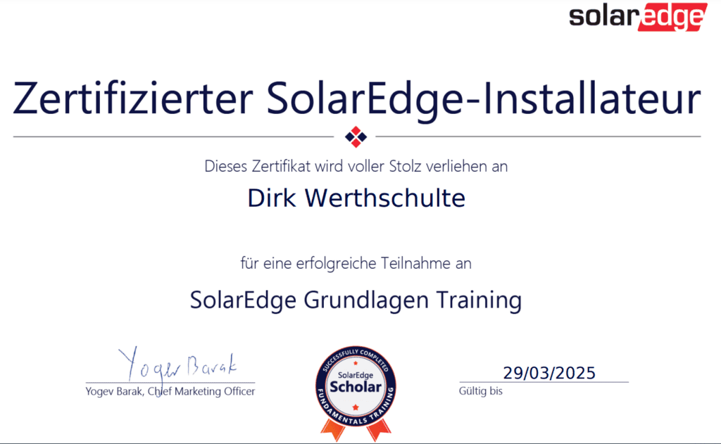 SolarEdge Zertifikat von Dirk Werthschulte